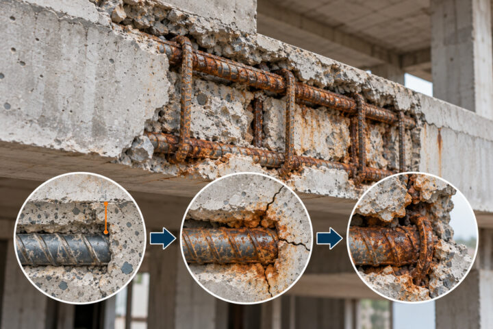 Thép dầm lộ và gỉ sau khi tháo cốp pha do lớp bảo vệ mỏng