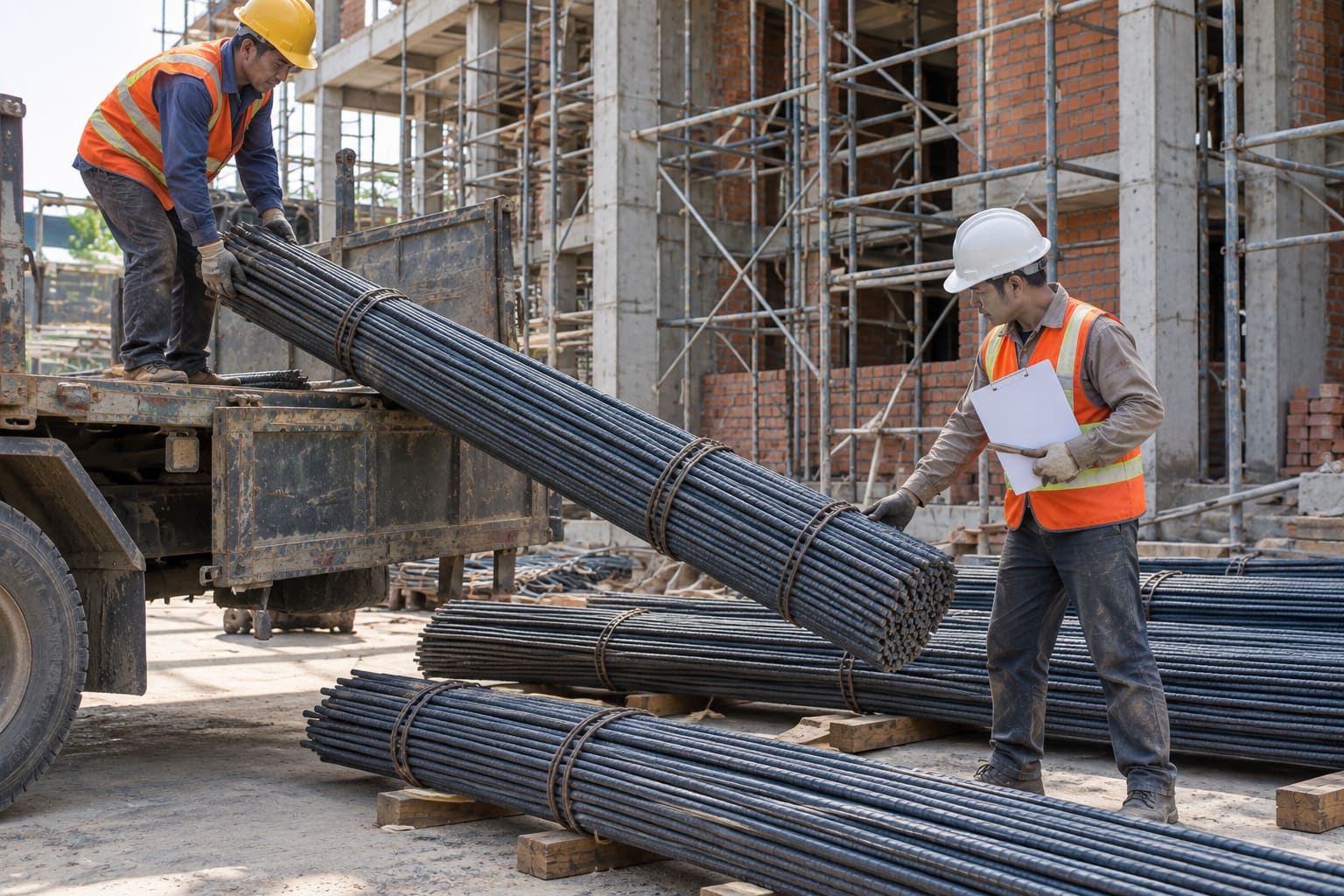 Hai công nhân hạ bó thép thanh vằn xuống công trình và kiểm đếm