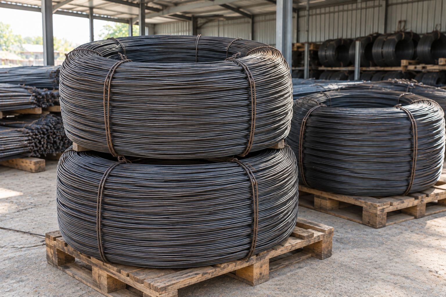 Cuộn thép dây tròn trơn buộc dây xếp chồng trên pallet gỗ