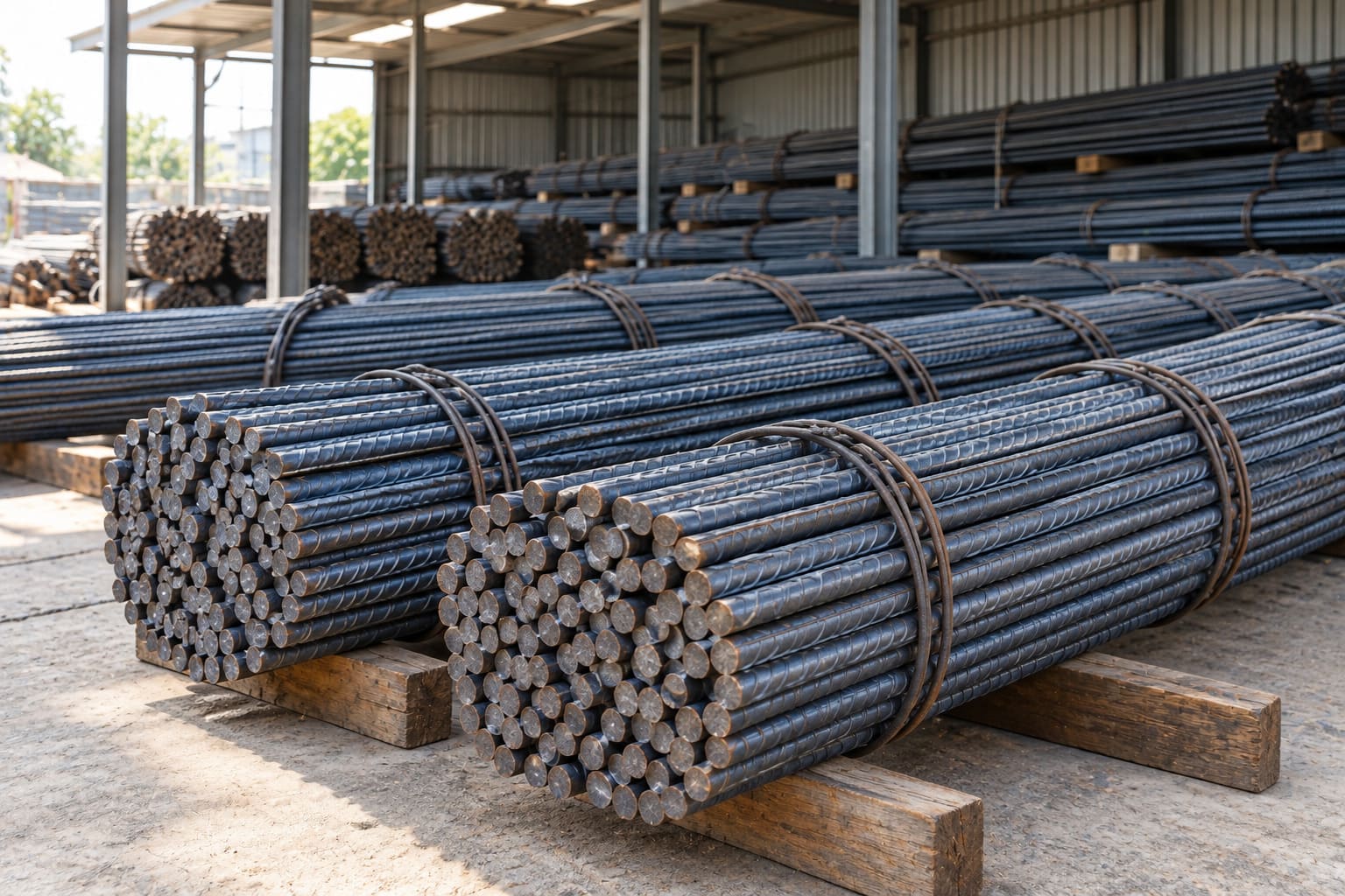 Bó thép thanh vằn buộc đai chắc chắn xếp trong kho